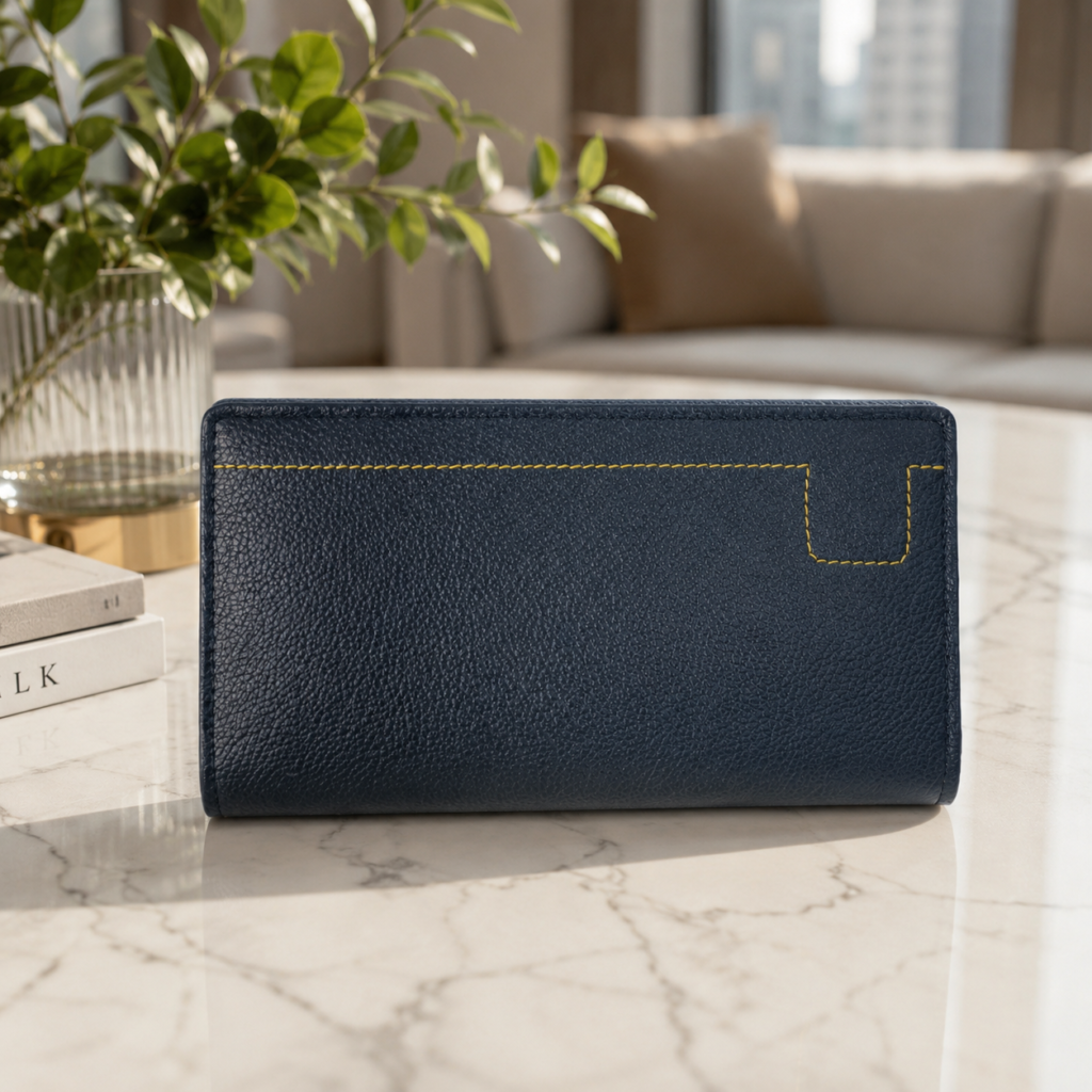 Navy Blue Contrast Stitch Long Wallet