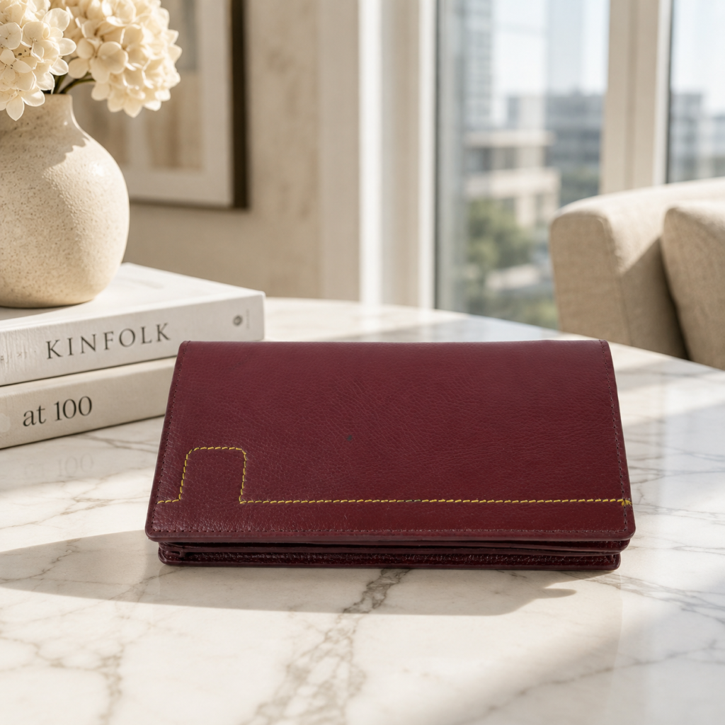 Brown Contrast Stitch Long Wallet